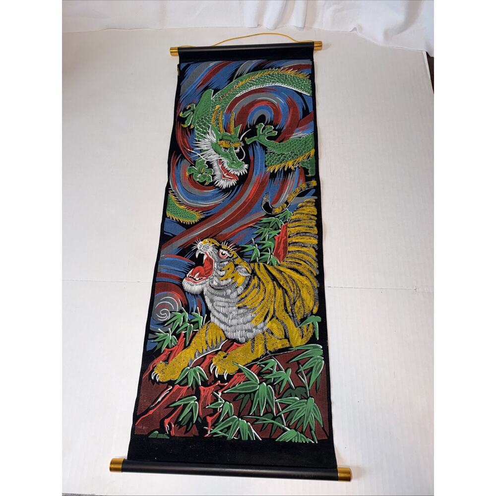 Vintage Velvet Painting Wall Hanging Scroll Dragon Tiger Made In Japan 32”